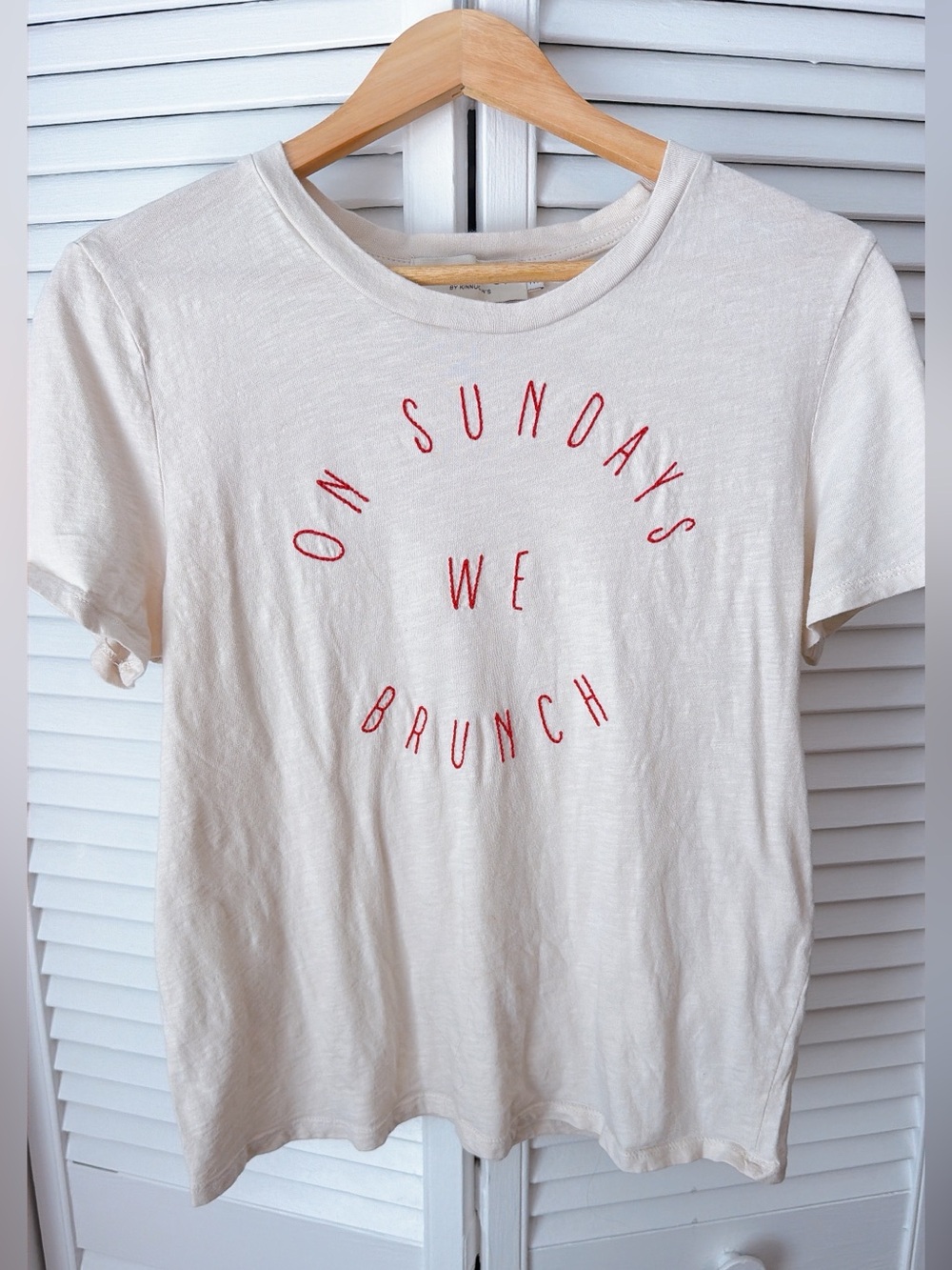 Graphic Tee - "On Sundays We Brunch" embroidered in Red on Cream